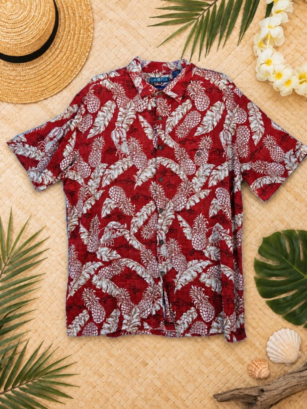 Campia Easy Care Red Hawaiian Button Up Shirt Short Sleeve - XL